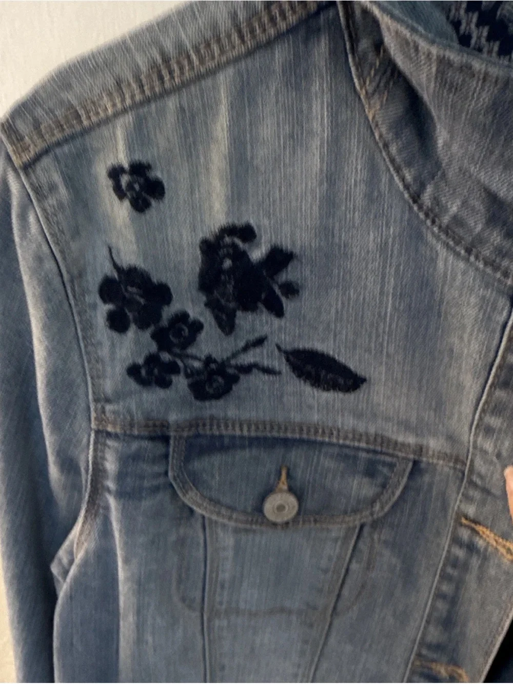 Vintage America Light Blue Denim Jacket with Black Embroidery